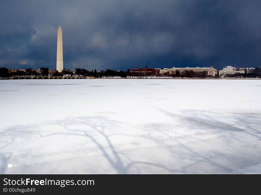 Washington Monument against dark sky just after snowfall. Washington Monument against dark sky just after snowfall