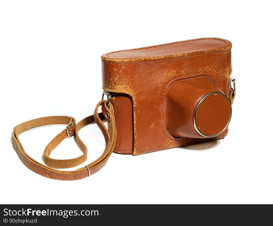 Old-fashioned grunge photo camera case, isolated on white, leather. Old-fashioned grunge photo camera case, isolated on white, leather.