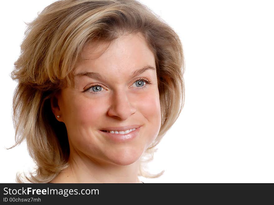 Cute blond woman's face on an isolated white background