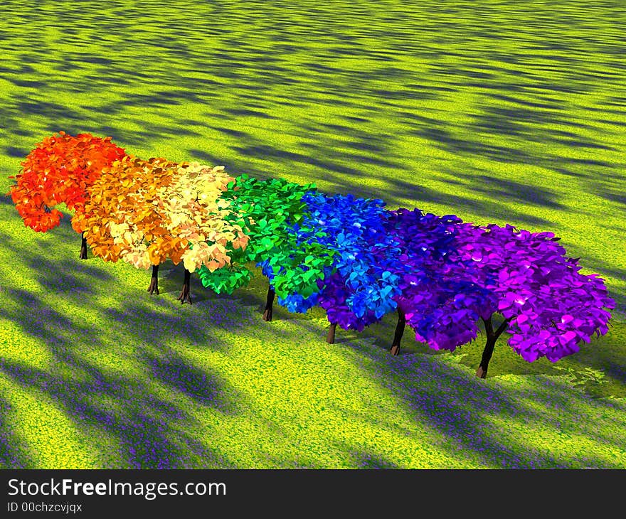 Trees representing the colours of the rainbow. Generated on computer. Trees representing the colours of the rainbow. Generated on computer.