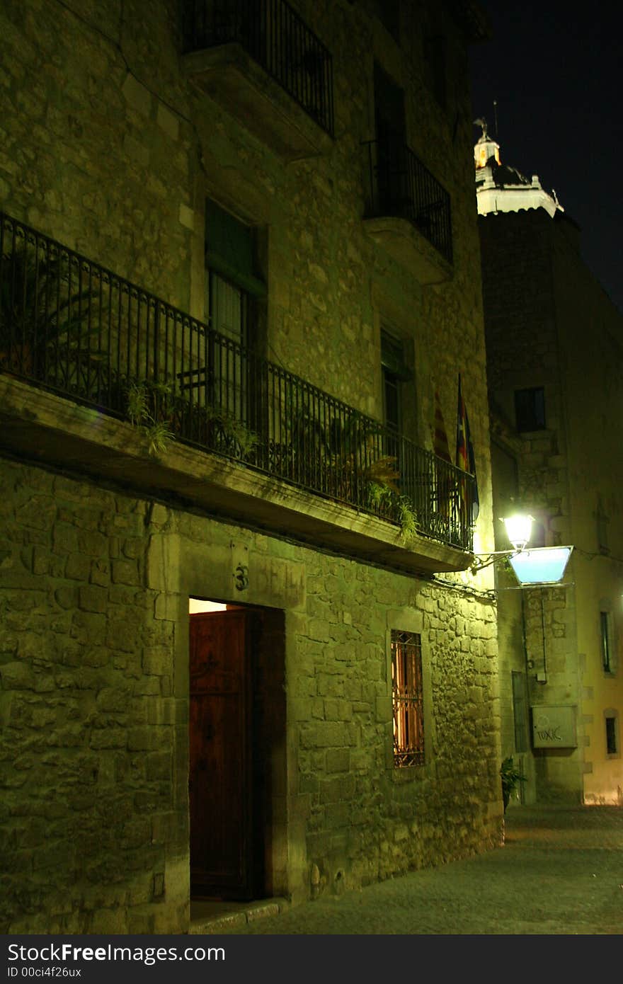 Old streets of medieval Girona, Northern Spain, by night, with cathedral in background. Old streets of medieval Girona, Northern Spain, by night, with cathedral in background