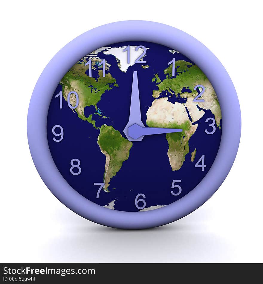 3d rendered clock showing the time with earth background. 3d rendered clock showing the time with earth background