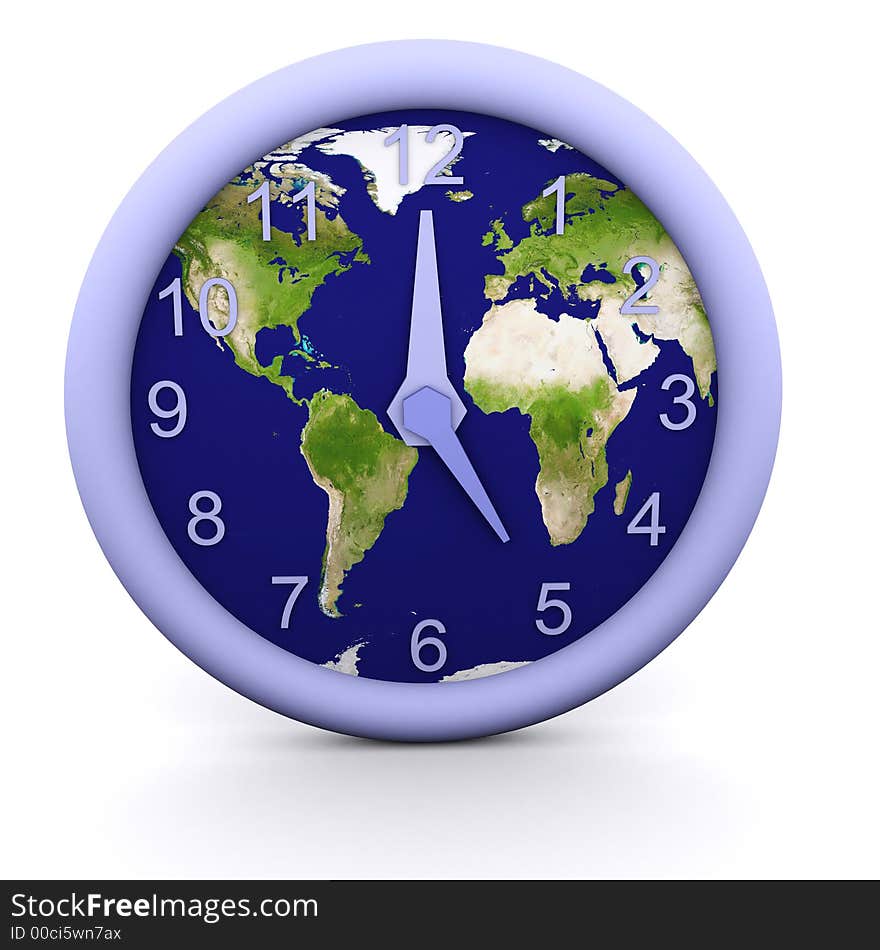 3d rendered clock showing the time with earth background. 3d rendered clock showing the time with earth background