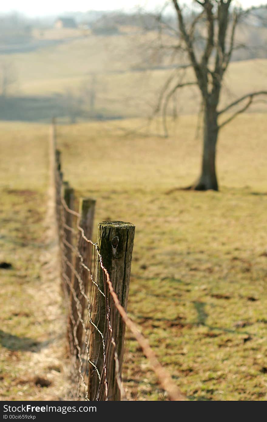 A wire fence on a farm on a field