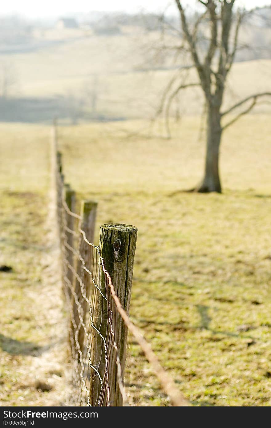 A wire fence on a farm on a field