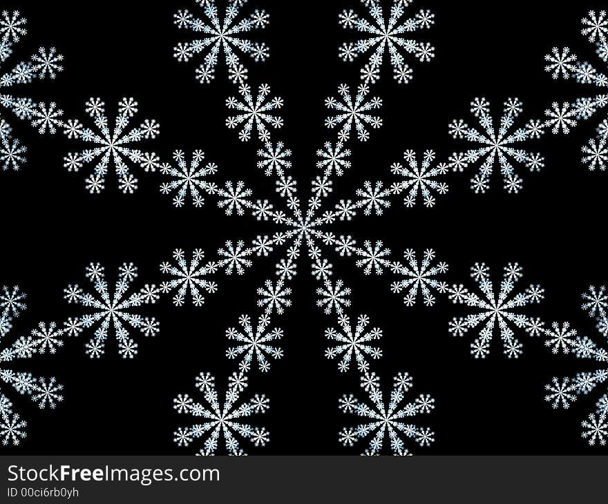 Fractal rendering resembling snowflakes on black