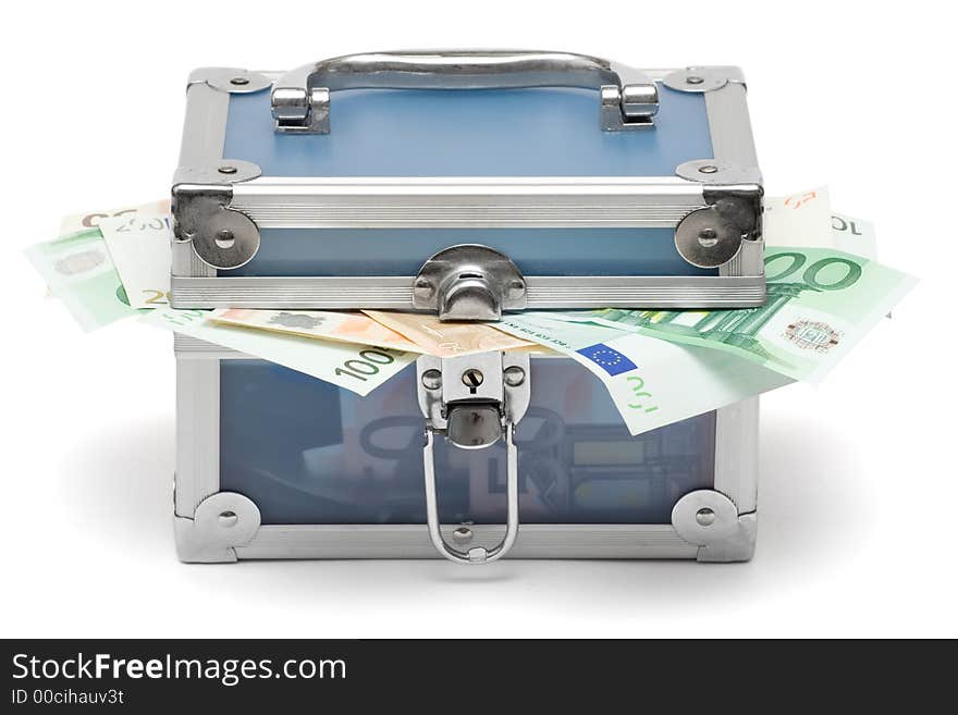 Blue money case filled with various Euro bills. Isolated on a white background. Blue money case filled with various Euro bills. Isolated on a white background.