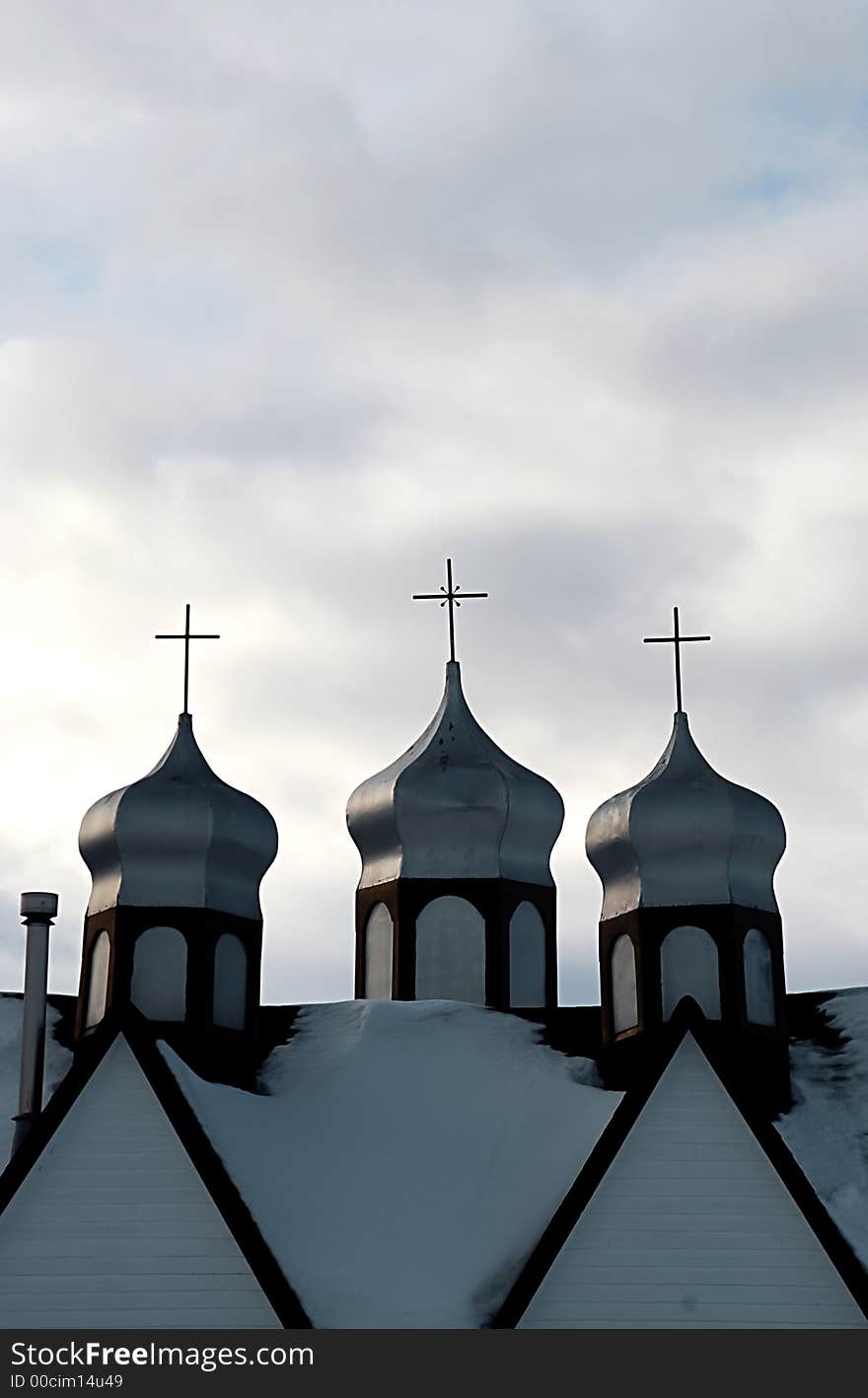 Close up of a church roof, christian cross and sky