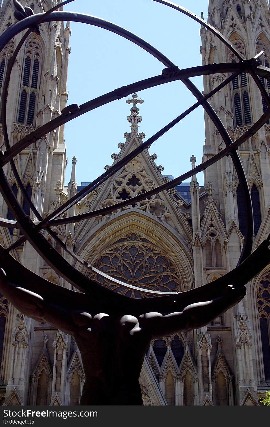 Partial view of a church with a monument in New York City by day, United States, America. Partial view of a church with a monument in New York City by day, United States, America