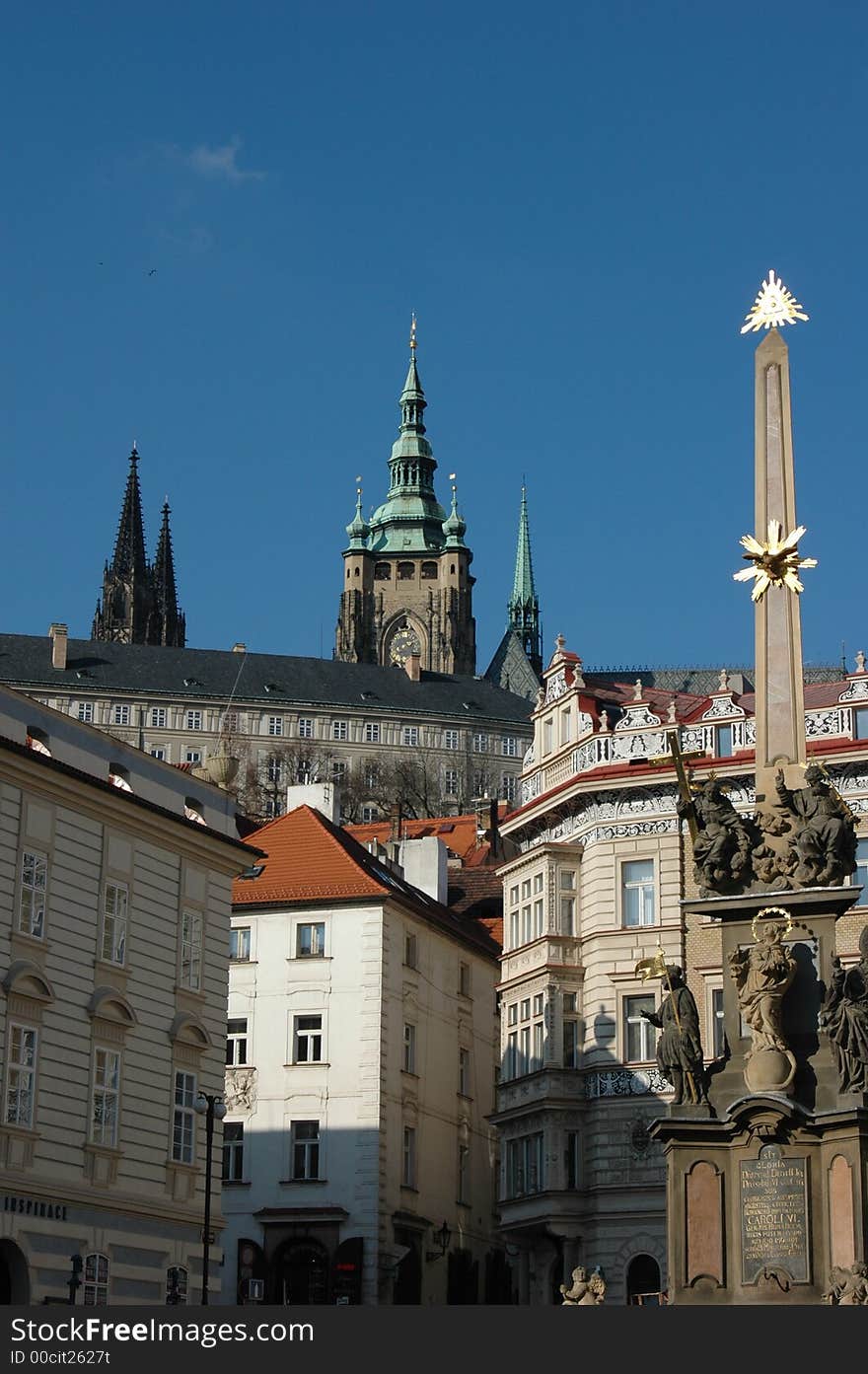 Cathedral of St. Vitas from square with post.Prague, Czech Republic