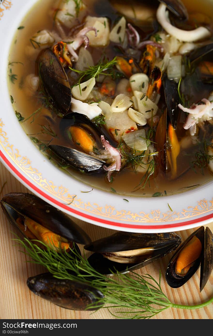 Tasty seafood soup served on the plate