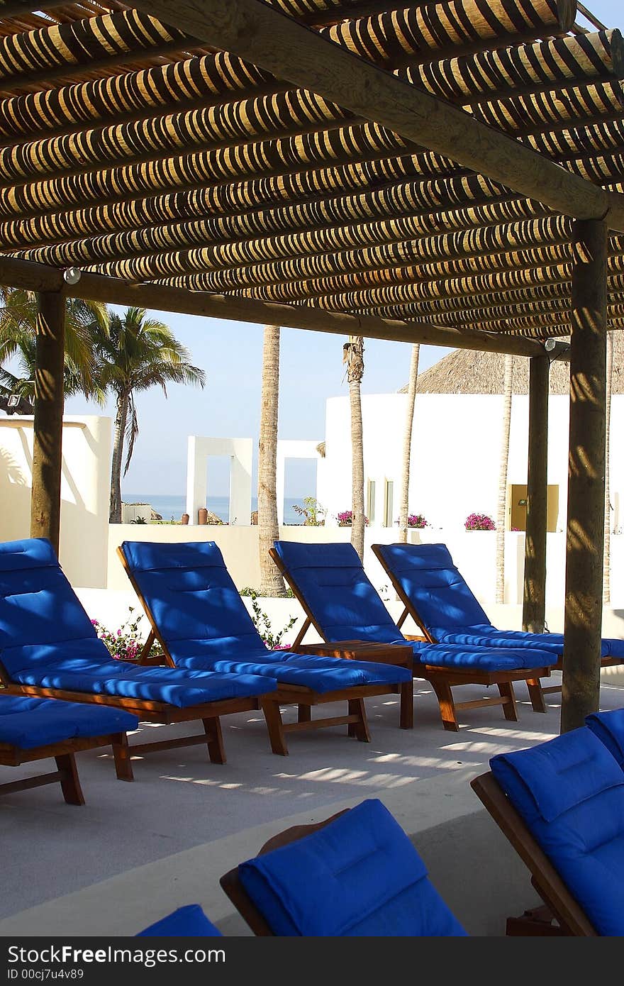 Partial view of the chairs next to the pools of a hotel in Puerto Vallarta, Jalisco, Mexico, Latin America