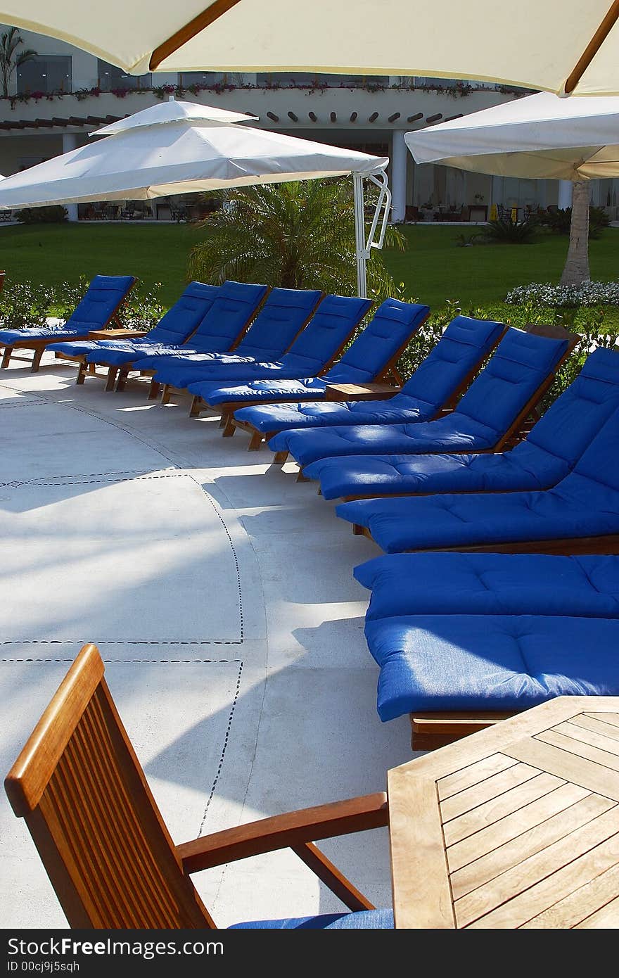 Partial view of the chairs next to the pools of a hotel in Puerto Vallarta, Jalisco, Mexico, Latin America