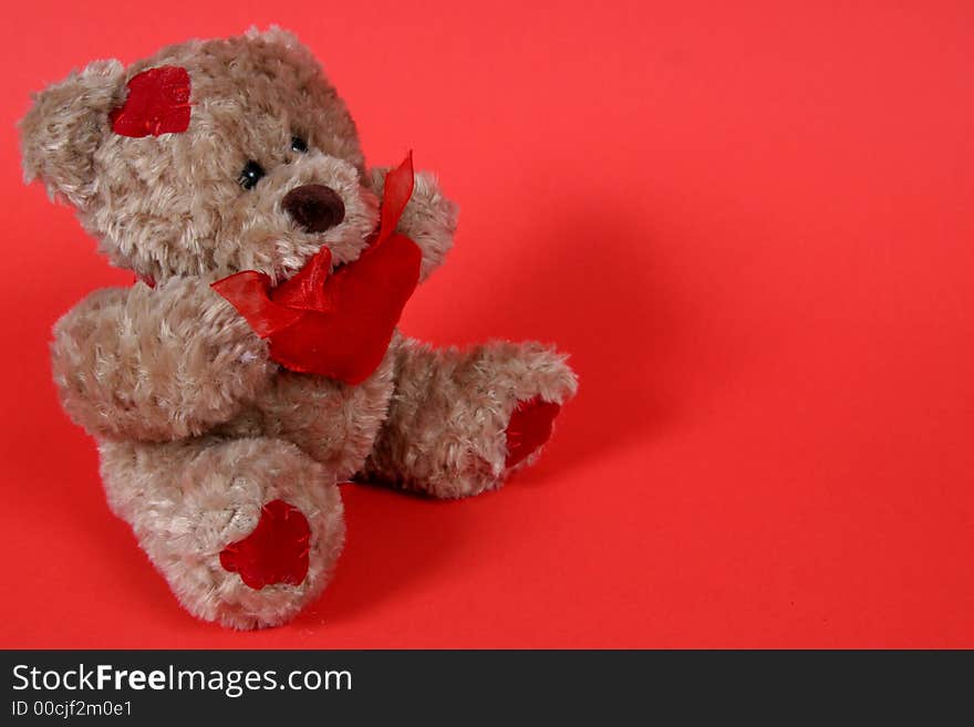 Small Teddy Bear on Red Background