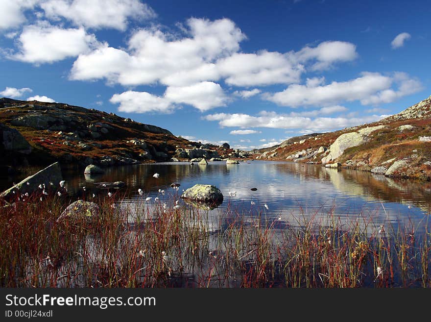 Reflections of the sky in a quiet mountainlake in Skarsdalen, Norway. Reflections of the sky in a quiet mountainlake in Skarsdalen, Norway.