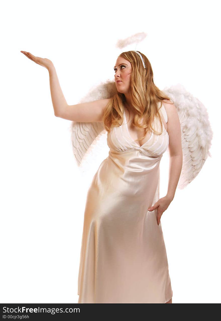 Isolated goddess angel with wing looking to side and holding up her hand. with copyspace on her hand. Isolated goddess angel with wing looking to side and holding up her hand. with copyspace on her hand