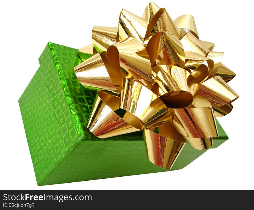 Golden Ribbon Tied Green Box Over White Background