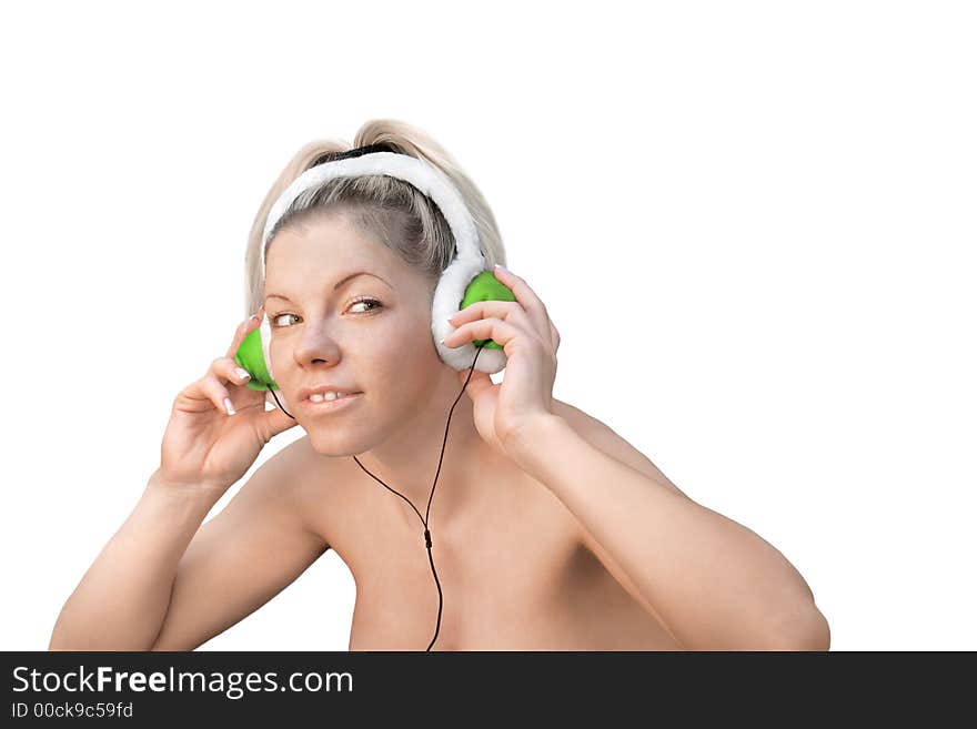 Girl listening the music on a white background. Girl listening the music on a white background