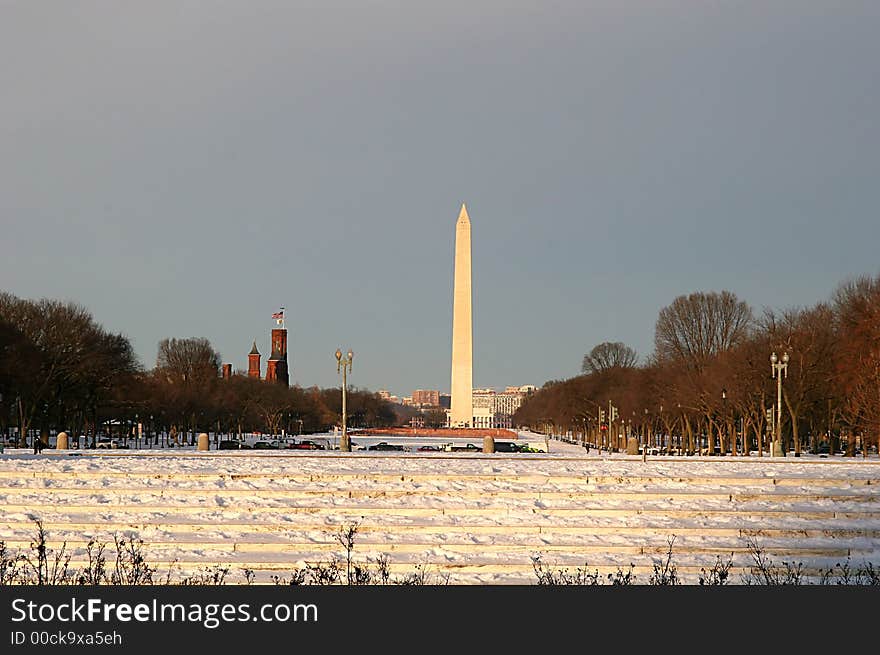 Washington Monument shot across the mall in the snow