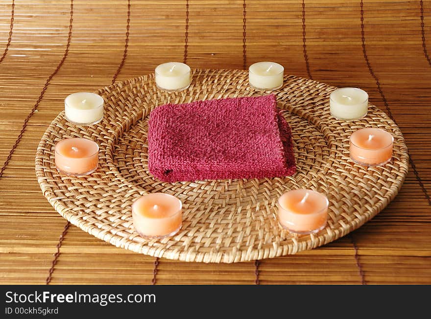 Candles in a circle with a towell in the middle. Candles in a circle with a towell in the middle