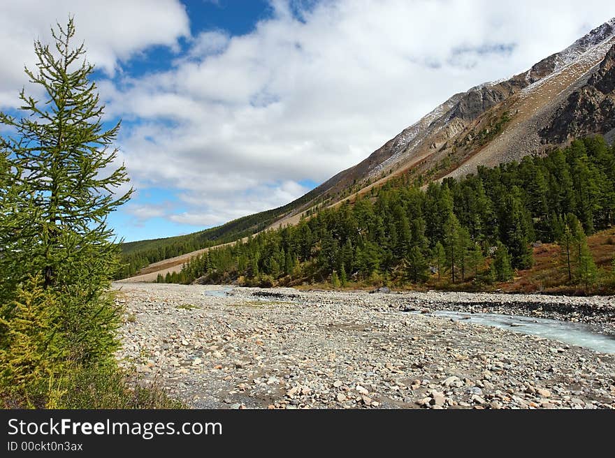 River, mountains and clouds.