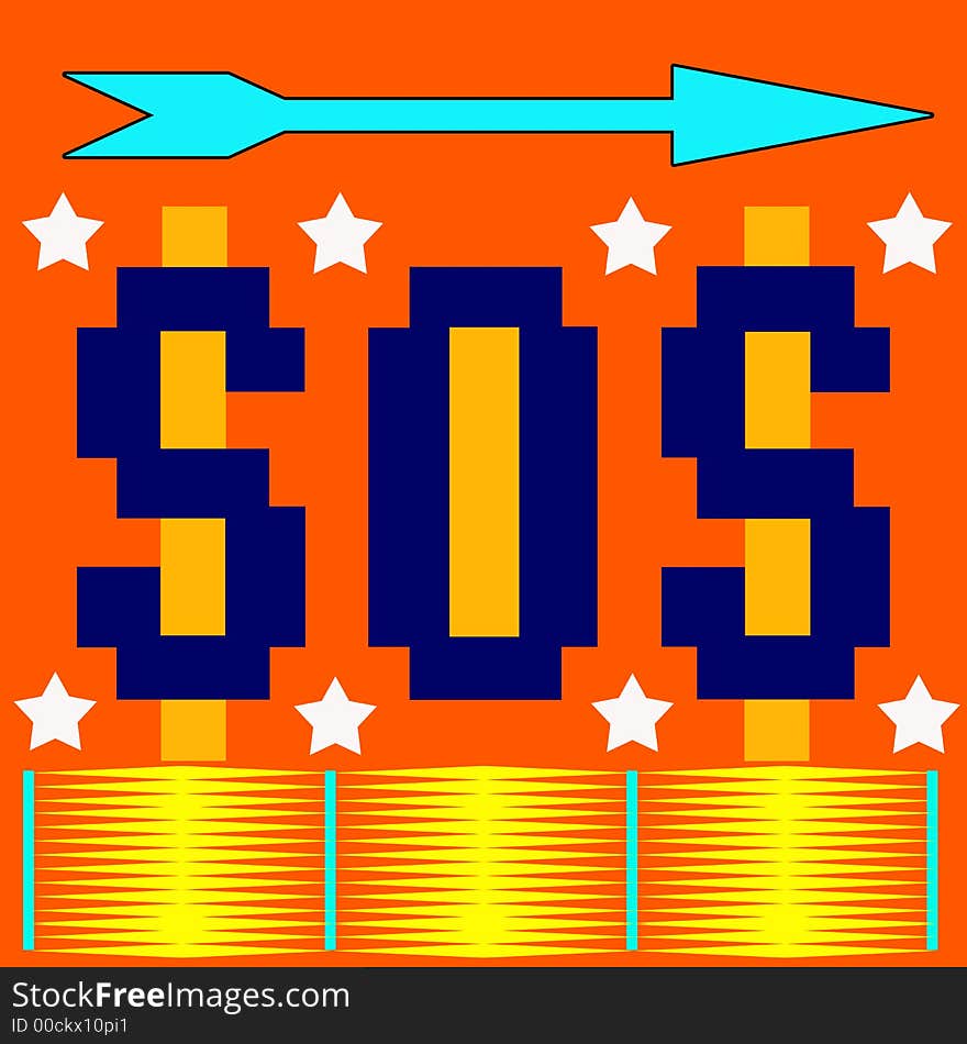 Orange background, yellow coins, sos, arrow , stars. Orange background, yellow coins, sos, arrow , stars