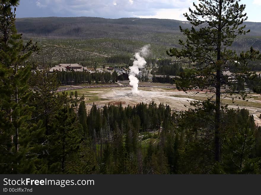 Old Faithful Geyser viewed from high elevation