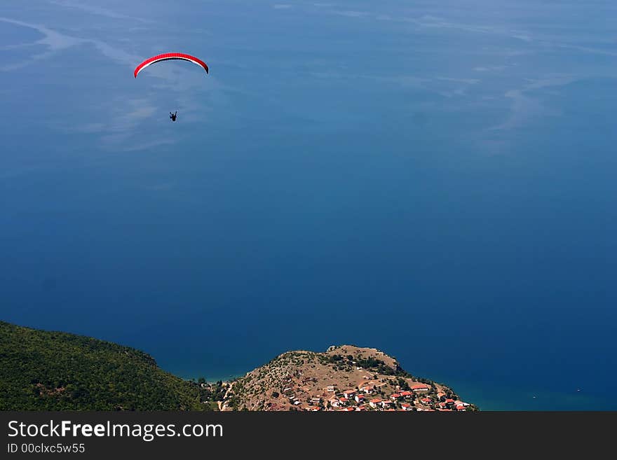 Paragliding above blue ohrid lake. Paragliding above blue ohrid lake