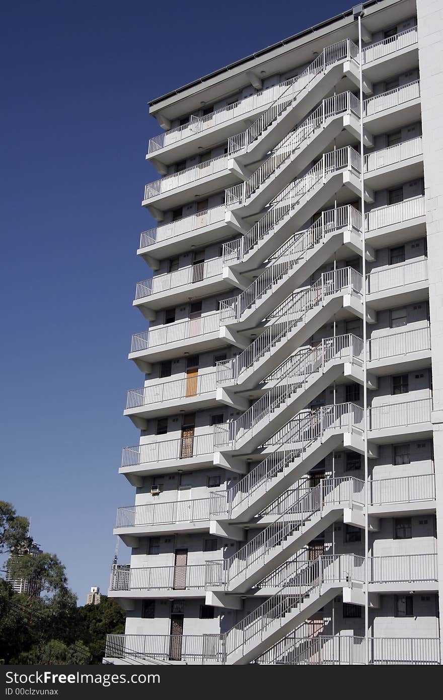 Modern Tall White Urban Residential Apartment Building In Sydney, Stairs, Staircase, Australia. Modern Tall White Urban Residential Apartment Building In Sydney, Stairs, Staircase, Australia