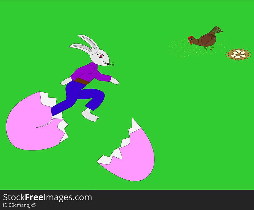 Running easterhare and hen, the broken egg. Running easterhare and hen, the broken egg