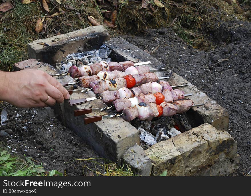 Meat fried at fire. Shashlik