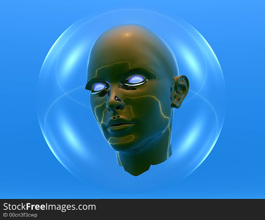 3D head in a transparent sphere - futuristic scene. 3D head in a transparent sphere - futuristic scene.