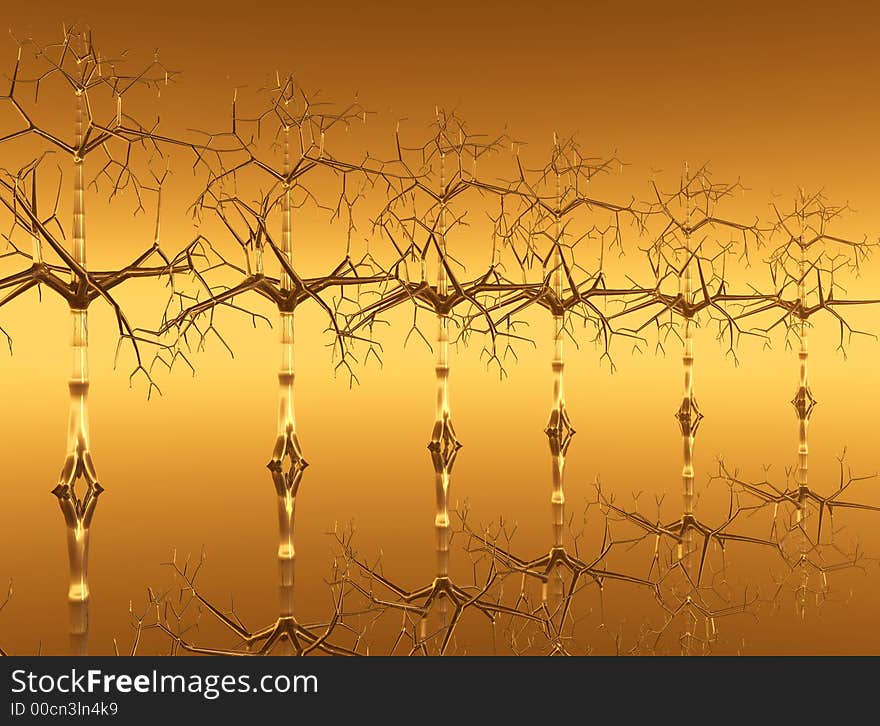 Crystal trees row on gold background - 3d scene. Crystal trees row on gold background - 3d scene