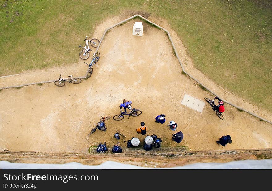 Cyclists stopped for a break, view from above