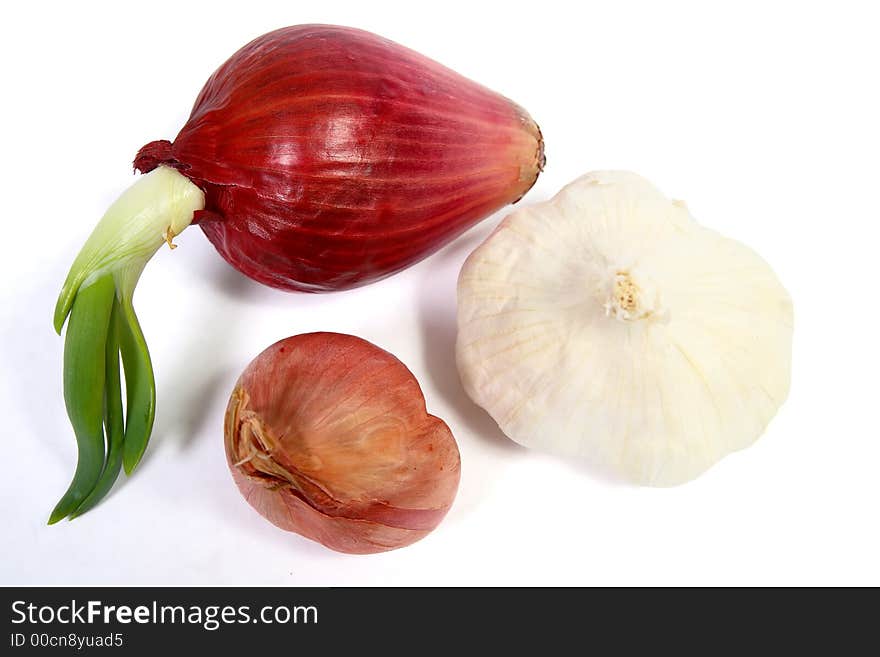 Red Onion, Shallot and Garlic on a white background. Red Onion, Shallot and Garlic on a white background