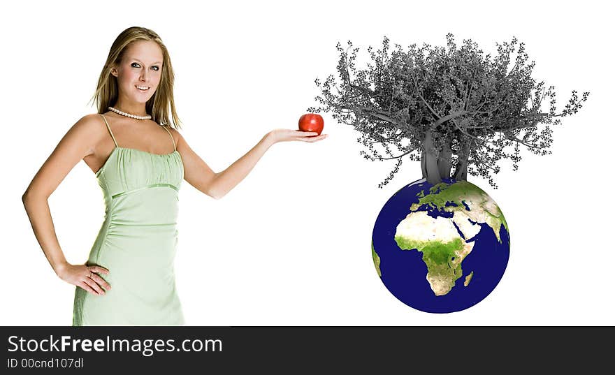 Sexy woman picking a apple from a tree growing from earth. Sexy woman picking a apple from a tree growing from earth