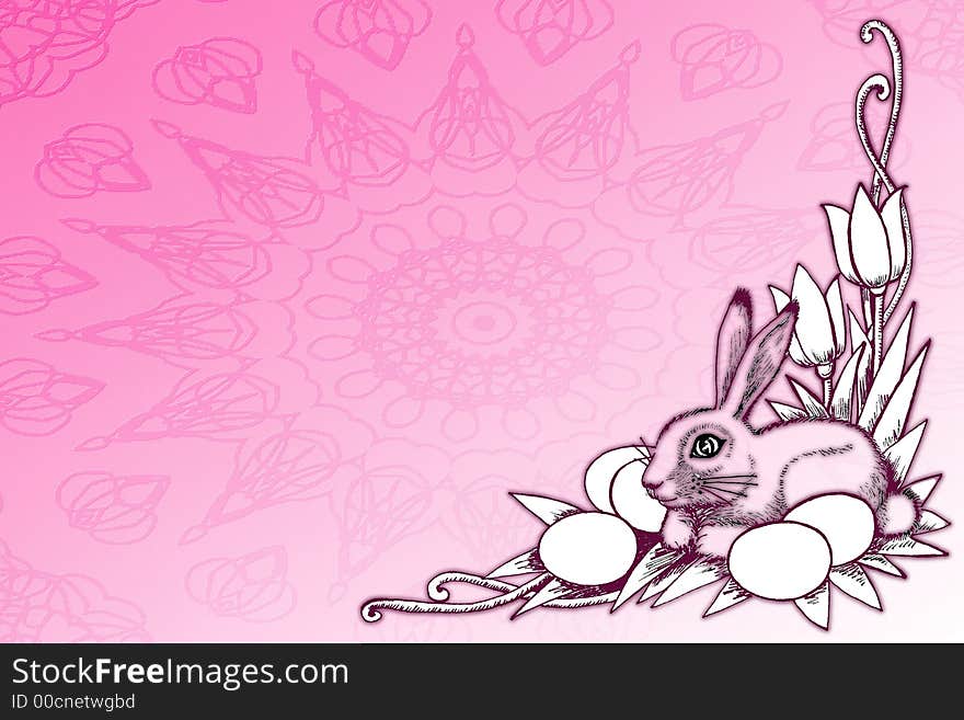 Pretty illustration with easter eggs , tulips and bunny over pink background .Great holiday stationary template with lots of room for text. Pretty illustration with easter eggs , tulips and bunny over pink background .Great holiday stationary template with lots of room for text.