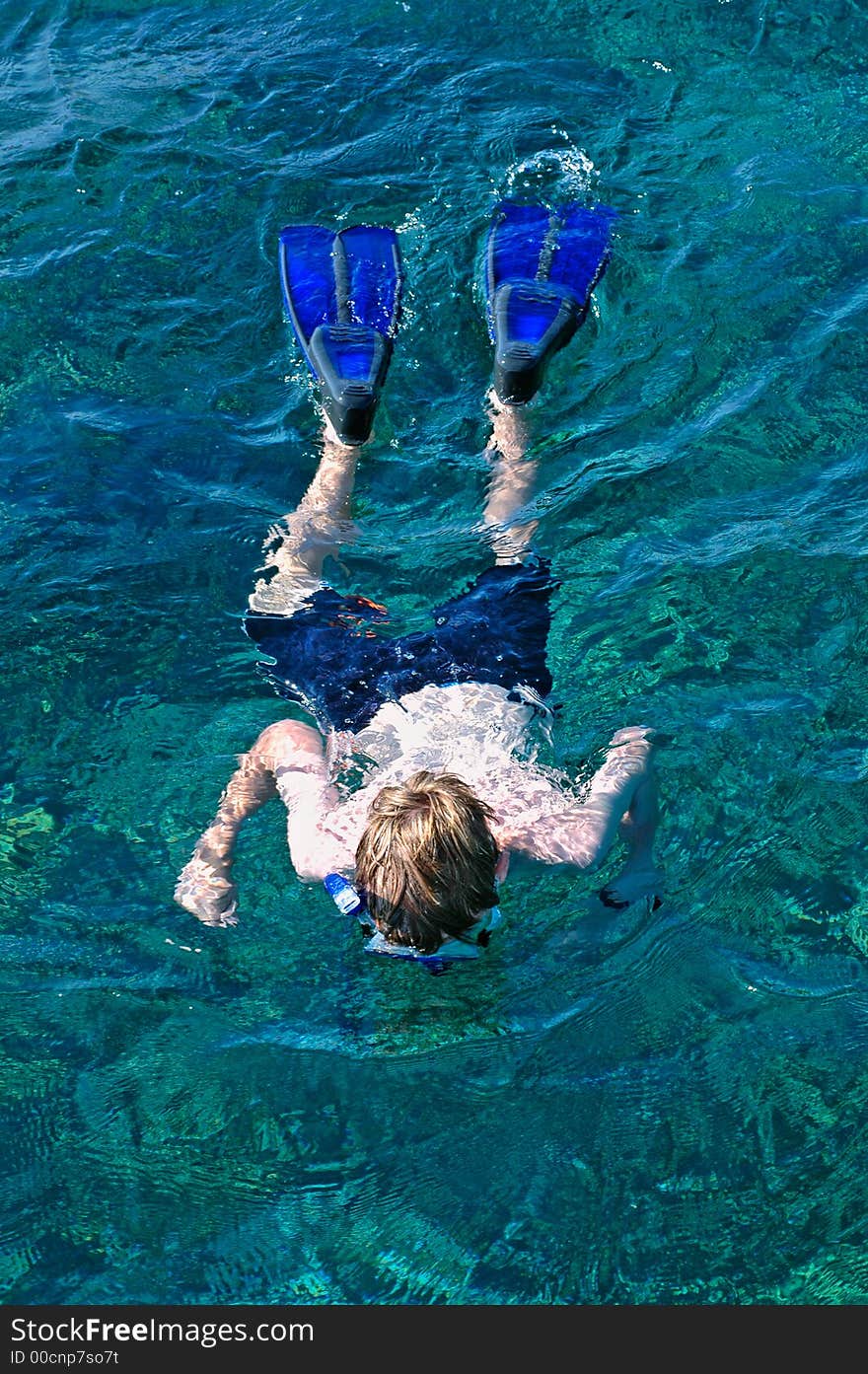 Boy snorkelling the clear ocean water with white sandd bottoms, beautiful colour fish and coral. Boy snorkelling the clear ocean water with white sandd bottoms, beautiful colour fish and coral