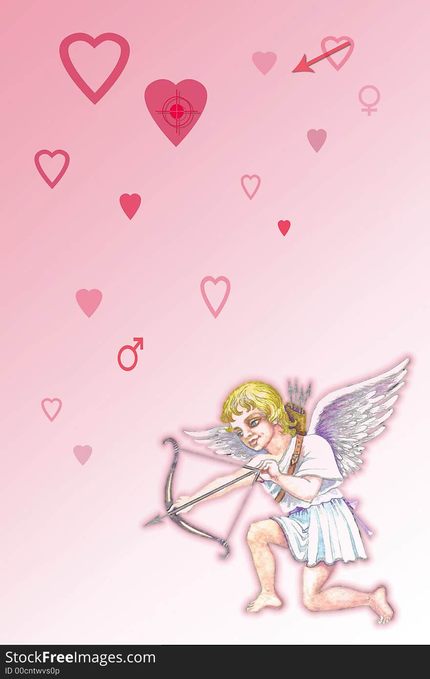 Hand drawn illustration of cupid with bow and arrow over pretty pink background with hearts.Great holiday stationary. Hand drawn illustration of cupid with bow and arrow over pretty pink background with hearts.Great holiday stationary.