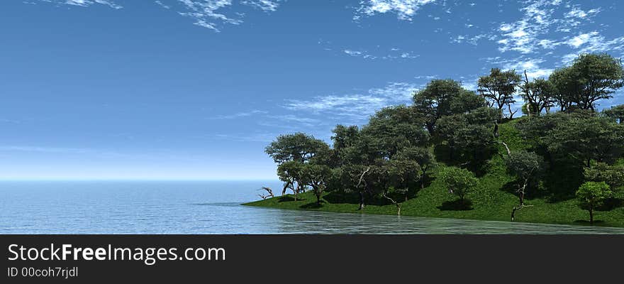 Green tree cape in blue sea - 3d scene. Green tree cape in blue sea - 3d scene.