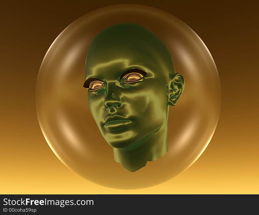 3D head in a transparent sphere - futuristic scene. 3D head in a transparent sphere - futuristic scene.