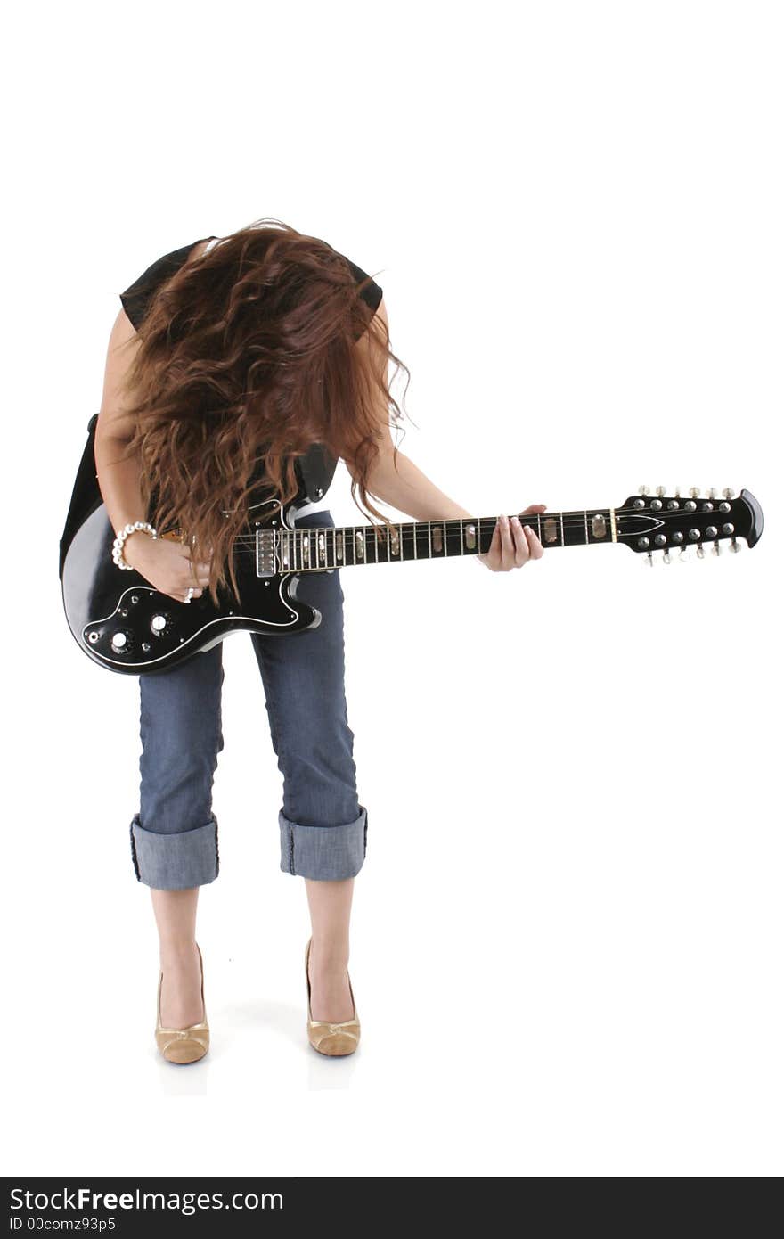 Girl playing guitar on white background. Girl playing guitar on white background