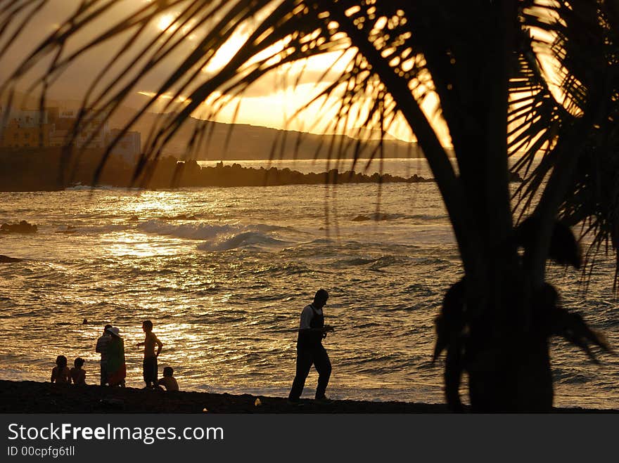 Sunset at the beach, in Puerto Cruz, Canary Islands, Spain