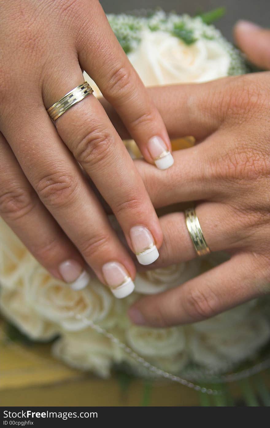 The hands of newly married couple with wedding rings and roses in background