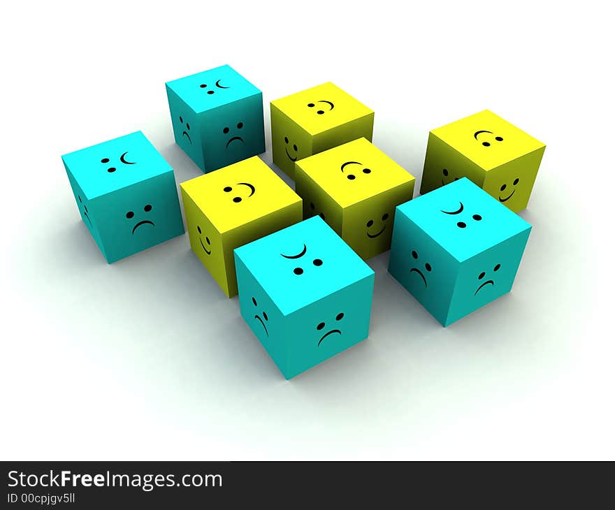 A set of very sad and very happy cubes. A set of very sad and very happy cubes.