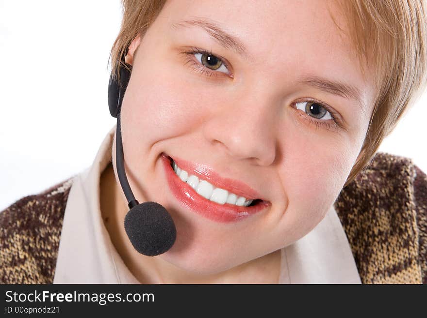 Beauty smile girl operator with headphones on white background