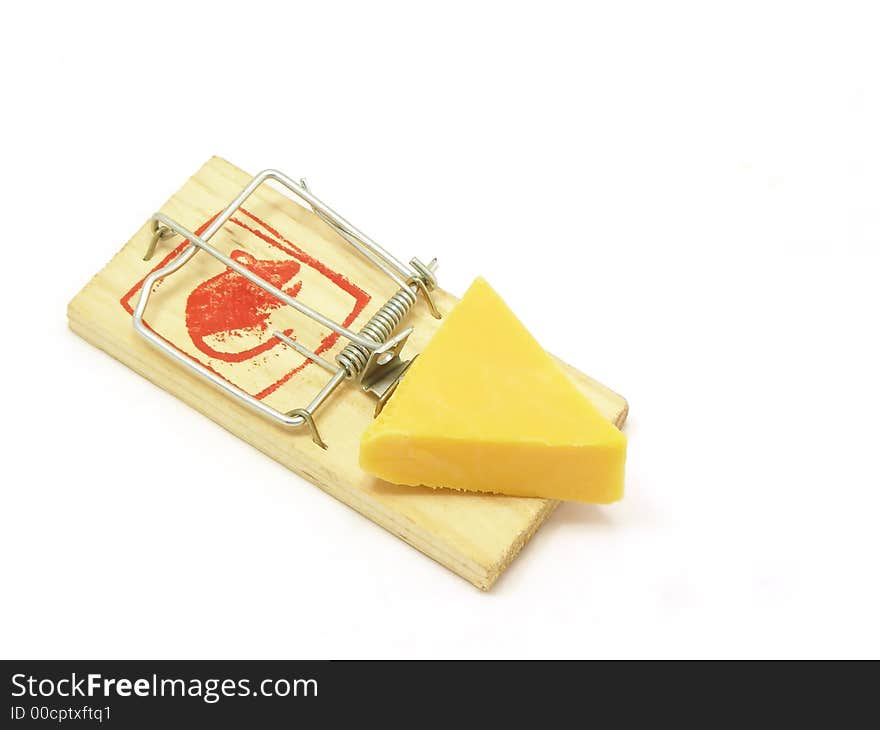 Mousetrap baited with a wedge of cheese