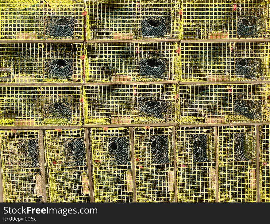 A large stack of lobster traps in Gloucester, Massachusetts. A large stack of lobster traps in Gloucester, Massachusetts