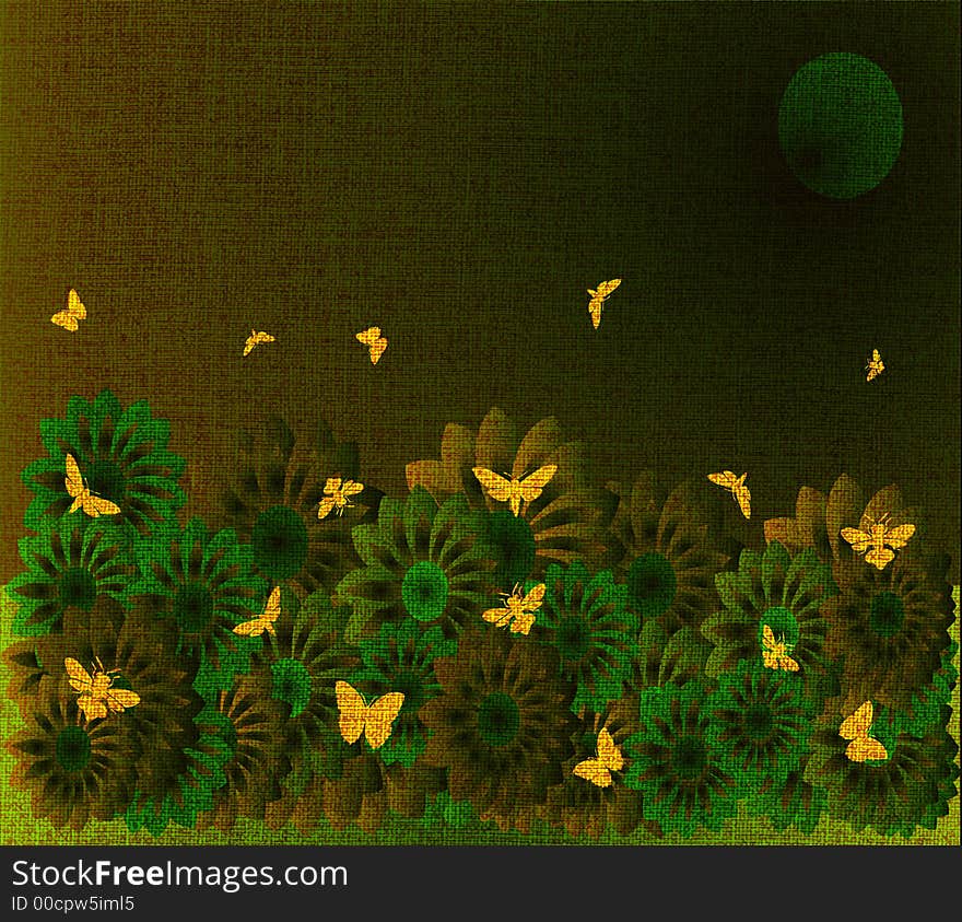 Abstract colored illustration with flower field and insects in the night on canvas texture. Abstract colored illustration with flower field and insects in the night on canvas texture