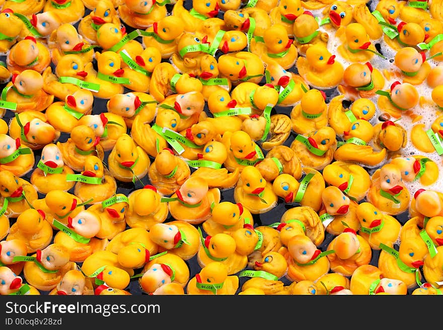 Rubber duckies taking a wild ride I a river